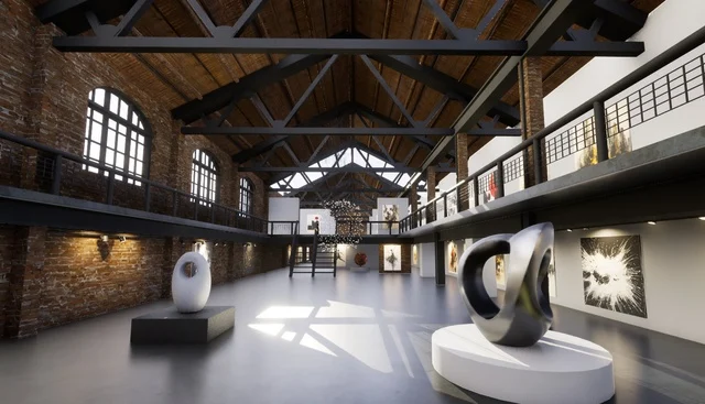 A timber-and-steel gallery for art exhibitions and virtual tours.