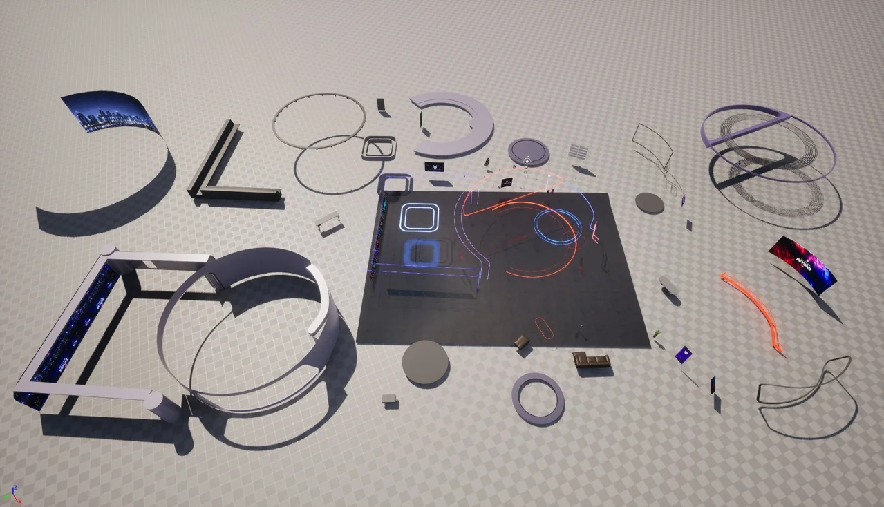 Modular breakdown of the broadcast studio, showing separated wall, ceiling, floor and lighting assets