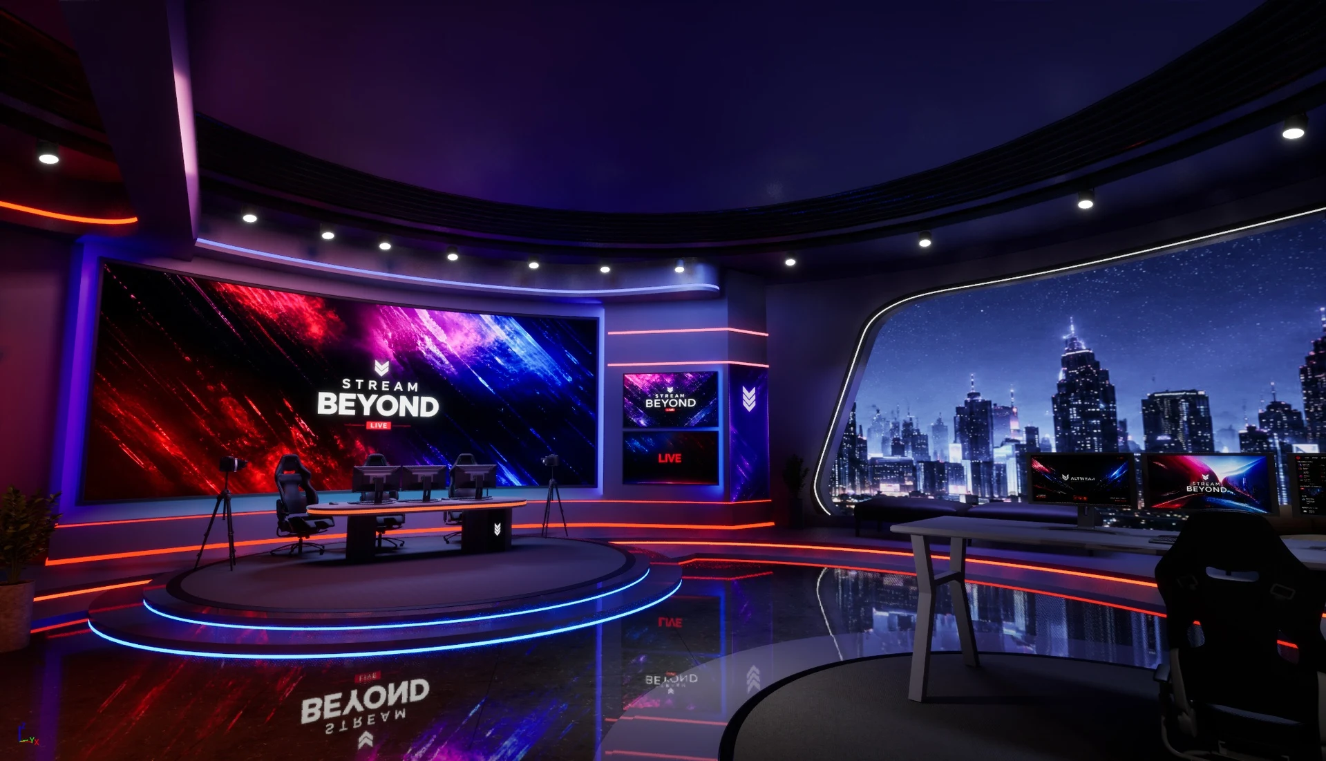 A panoramic virtual broadcast studio with neon-lit stage, reflective floors and a city skyline