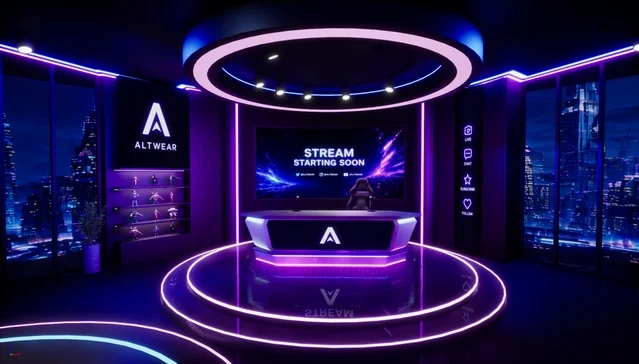 A neon-lit studio for gaming streams and live commentary.