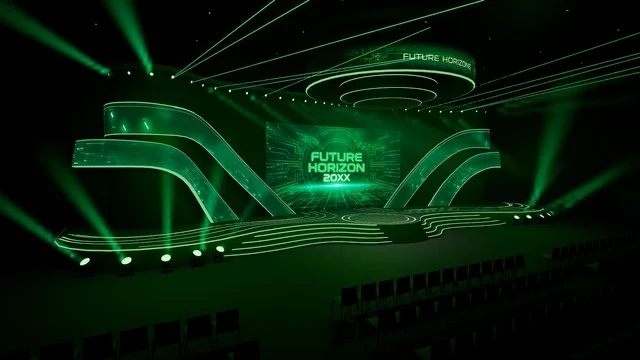 A sweeping green stage for virtual events and branded broadcasts.