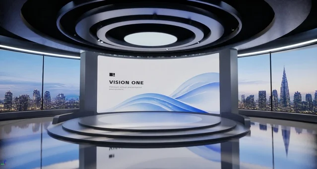 A city-view presentation set for speakers and screen-led stories.