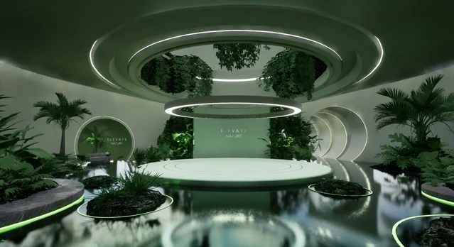 A planted showroom for product displays in a natural setting.