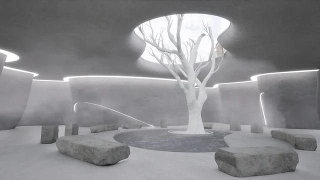 A sculptural white atrium for architectural visualization.