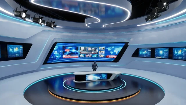 A curved newsroom for broadcast graphics and live reporting.