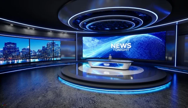 A blue-lit news set for daily broadcasts and studio segments.
