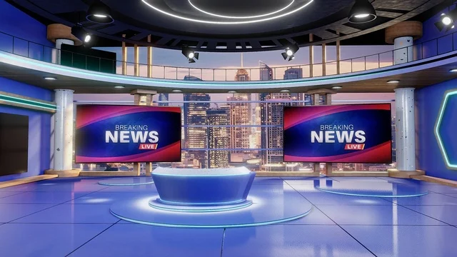 A multi-level broadcast studio for immersive news coverage.