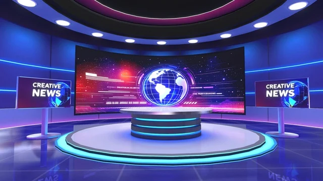 A screen-centered news studio for virtual production.
