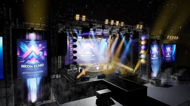 An outdoor festival stage for nighttime concerts and live shows.