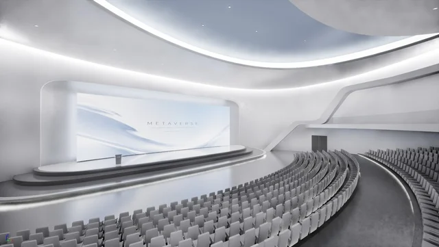 A minimal white auditorium for focused presentations.