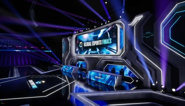 A dramatic gaming stage for tournament coverage and live shows.