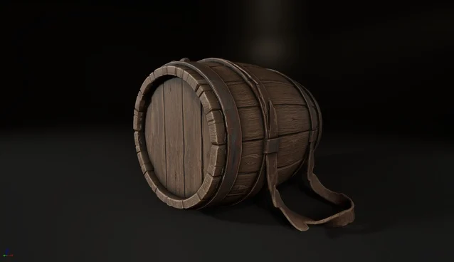 A stylized wooden barrel for medieval game environments.