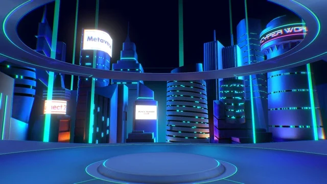 A neon city stage for virtual performances and events.